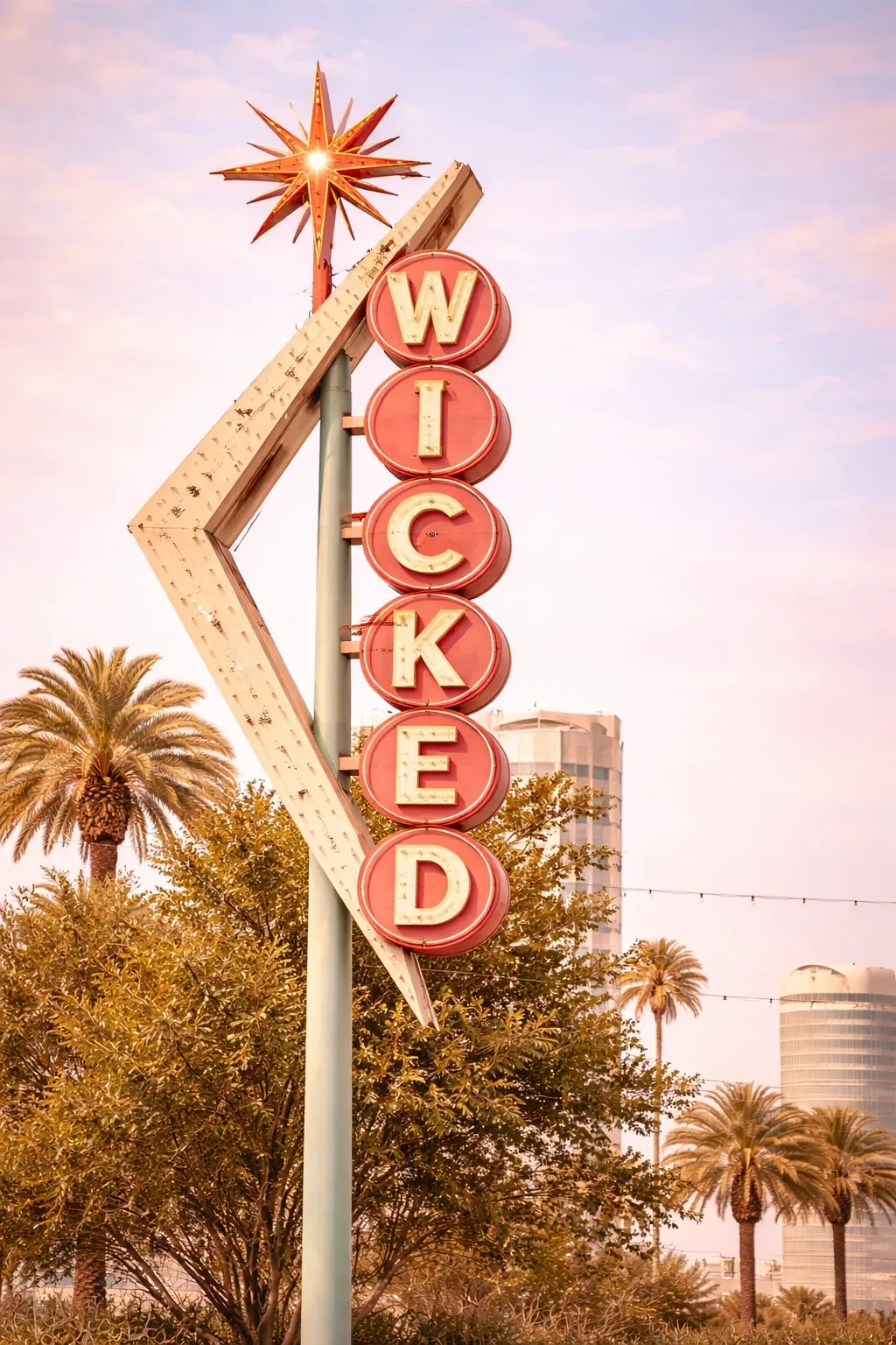 Vintage Las Vegas-style neon sign spelling WICKED with a starburst on top
